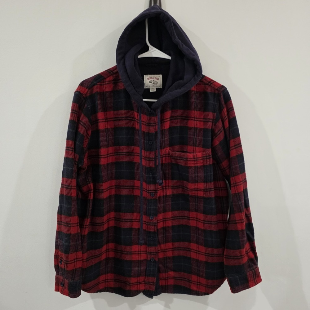 Vintage‎ American Eagle Womens Hooded Flannel Top Shacket Red Plaid Cozy Camping